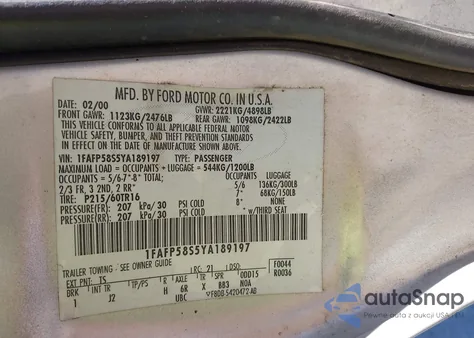 2000 Ford Taurus Se z USA, uszkodzony, nr VIN 1FAFP58S5YA189197